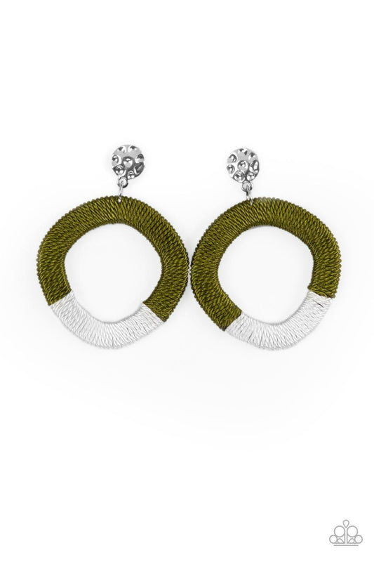 Paparazzi Accessories Thats a WRAPAROUND - Green A hammered silver disc gives way to a wooden frame decoratively wrapped in shiny white and Olive Branch threaded accents, creating a colorful lure. Earring attaches to a standard post fitting. Sold as one p