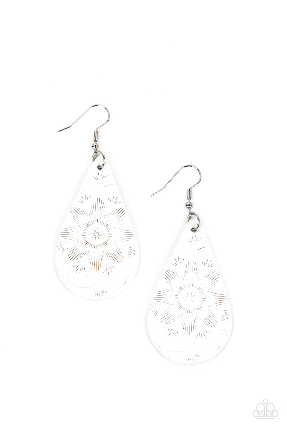Paparazzi Accessories Subtropical Seasons - White Embossed in a tropical floral pattern, a distressed white leather teardrop swings from the ear for a whimsically rustic flair. Earring attaches to a standard fishhook fitting. Sold as one pair of earrings.
