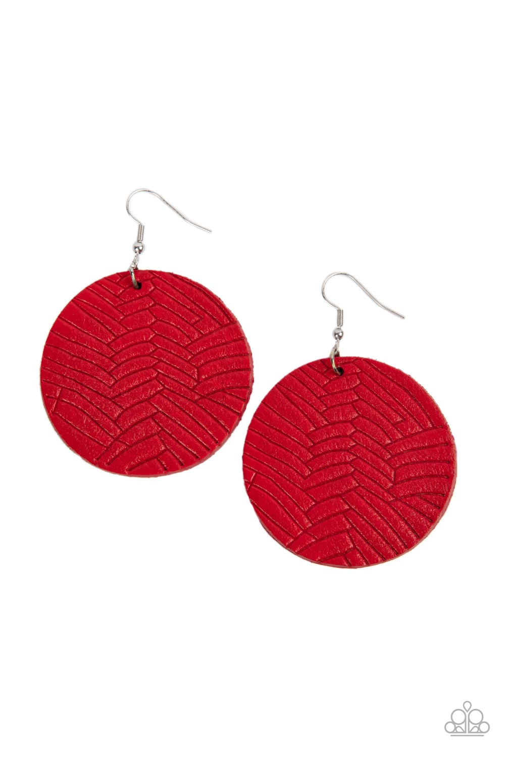 Paparazzi Accessories Leathery Loungewear - Red Etched in layers of geometric detail, a Fire Whirl leather disc swings from the ear for an authentically earthy look. Earring attaches to a standard fishhook fitting. Sold as one pair of earrings. Jewelry