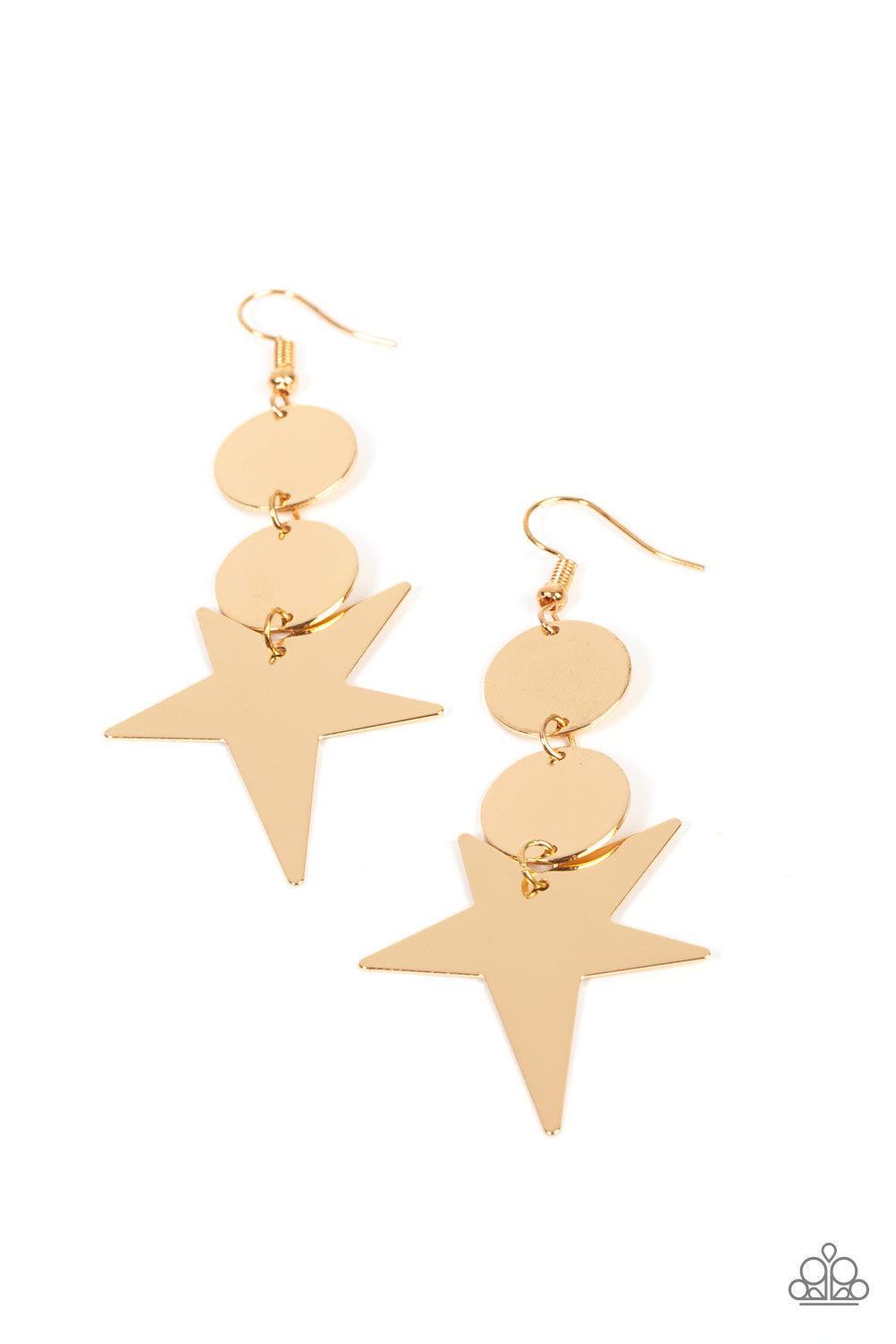 Paparazzi Accessories Star Bizarre Gold: An asymmetrical gold star radiates from two linked flat gold discs, resulting in a stellar lure. Earring attaches to a standard fishhook fitting. Multi: An asymmetrical gunmetal star radiates from two linked flat g