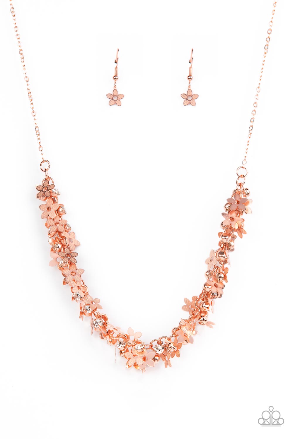 Paparazzi Accessories Fearlessly Floral - Copper Featuring textured petals, a dainty collection of shiny copper flower frames and glassy white rhinestones delicately cluster along the bottom of a shiny copper chain for a flirtatious floral look below the