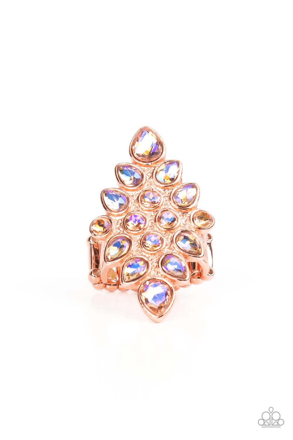 Paparazzi Accessories Combustible Iridescence - Copper Round and teardrop iridescent rhinestones fan out across a diamond shaped shiny copper frame, resulting in a stellar centerpiece atop the finger. Features a stretchy band for a flexible fit. Sold as o