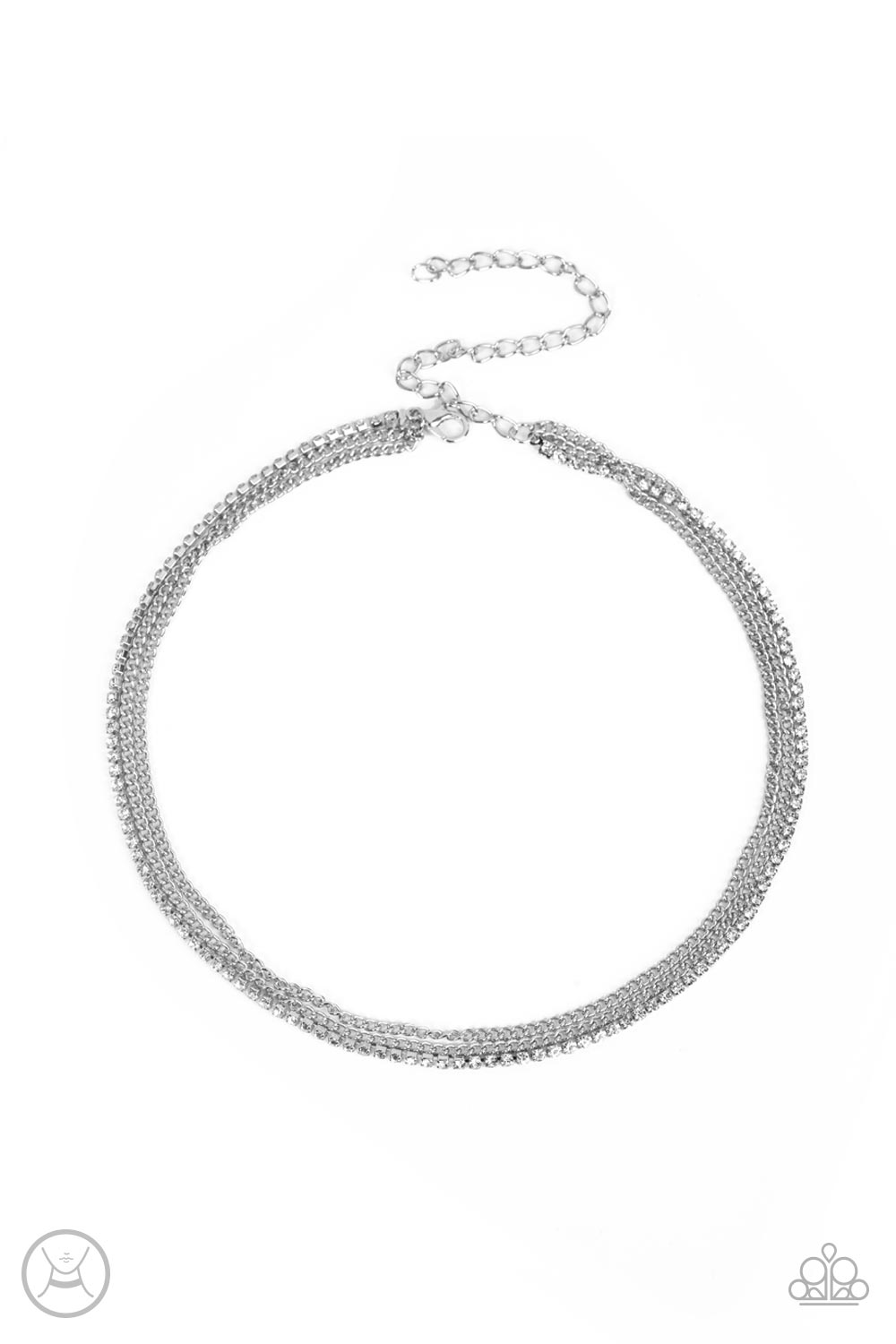 Paparazzi Accessories Glitzy Gusto - White Two glistening silver chains and a single strand of dainty white rhinestones effortlessly layer around the neck, resulting in a radiant look. Features an adjustable clasp closure. Sold as one individual choker ne