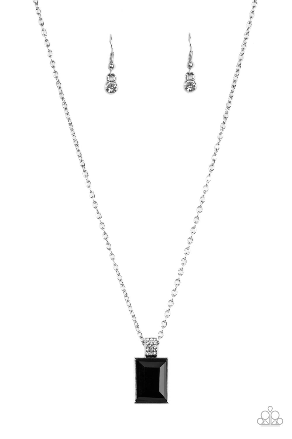 Paparazzi Accessories Understated Dazzle - Black Featuring a white rhinestone encrusted silver fitting, an oversized emerald cut black rhinestone swings from the bottom of a dainty silver chain below the collar for a glamorous fashion. Features an adjusta