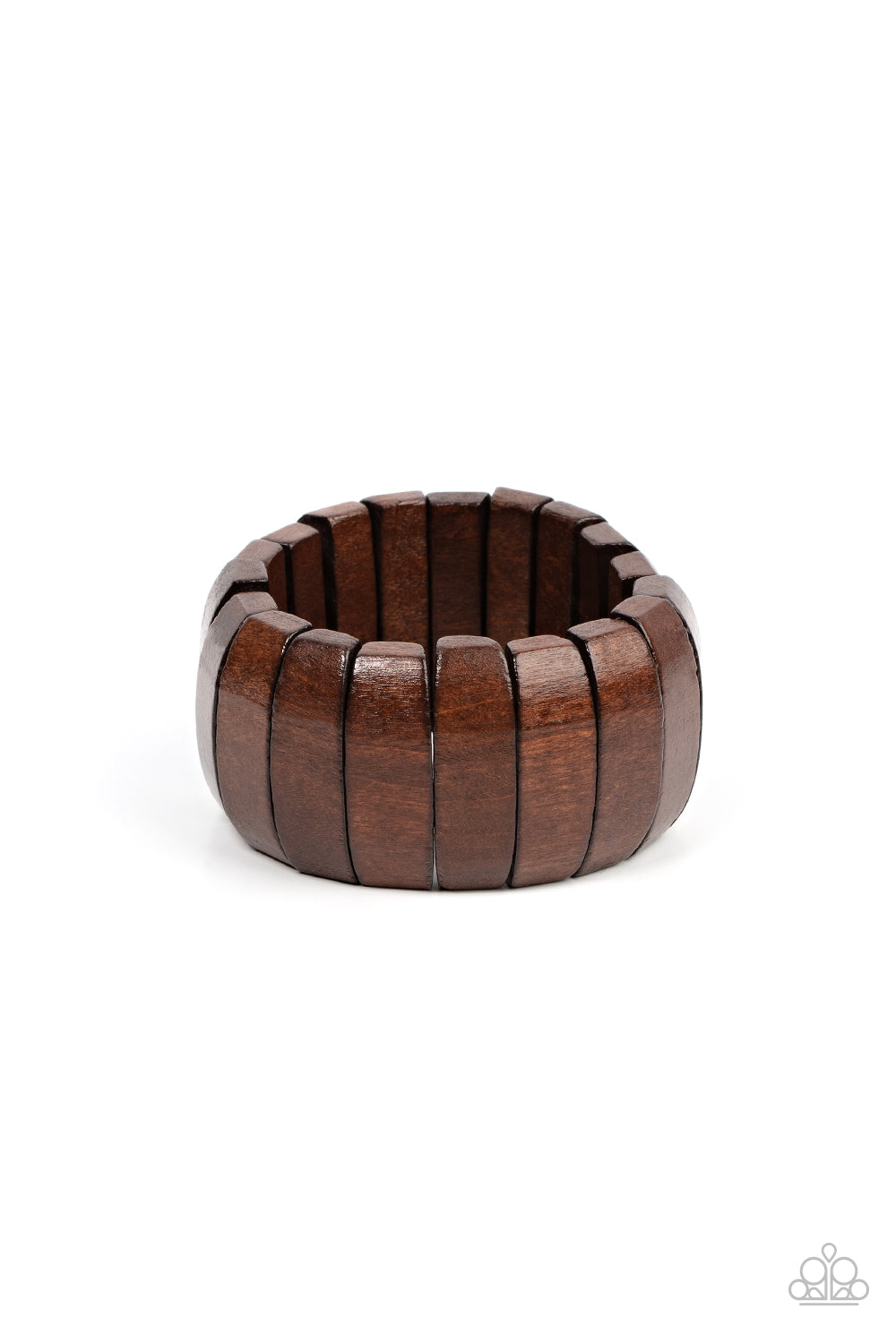 Paparazzi Accessories Boardwalk Bonanza - Brown Smooth brown wooden panels are threaded along stretchy bands creating a tropical vibe as they fall around the wrist. Sold as one individual bracelet. Jewelry