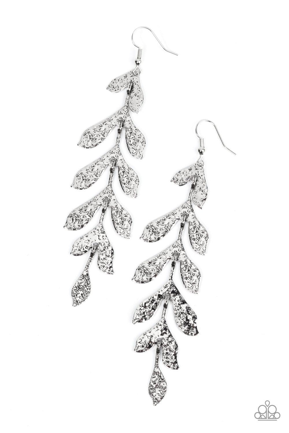 Paparazzi Accessories Lead From the FROND - Silver Hammered in a rustic finish, antiqued silver frames delicately link into a leafy lure for a seasonal inspired style. Earring attaches to a standard fishhook fitting. Sold as one pair of earrings. Earrings