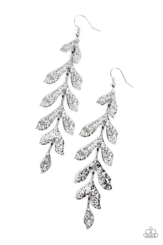 Paparazzi Accessories Lead From the FROND - Silver Hammered in a rustic finish, antiqued silver frames delicately link into a leafy lure for a seasonal inspired style. Earring attaches to a standard fishhook fitting. Sold as one pair of earrings. Earrings