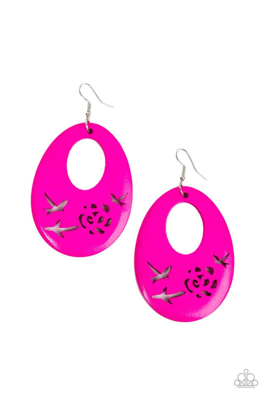 Paparazzi Accessories Home TWEET Home - Pink The bottom of a Fuchsia Fedora wooden teardrop frame features bird and floral cutouts, creating a whimsical centerpiece. Earring attaches to a standard fishhook fitting. Sold as one pair of earrings. Earrings