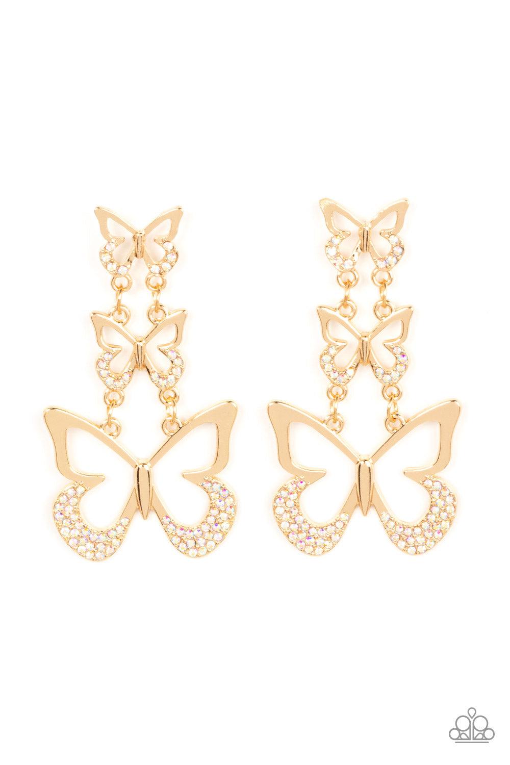 Paparazzi Accessories Flamboyant Flutter - Multi An airy trio of gold butterflies gradually increase in size as they link into a whimsical lure. The bottom of each butterfly has been dipped in iridescent rhinestones, adding a glitzy finish to the flutteri