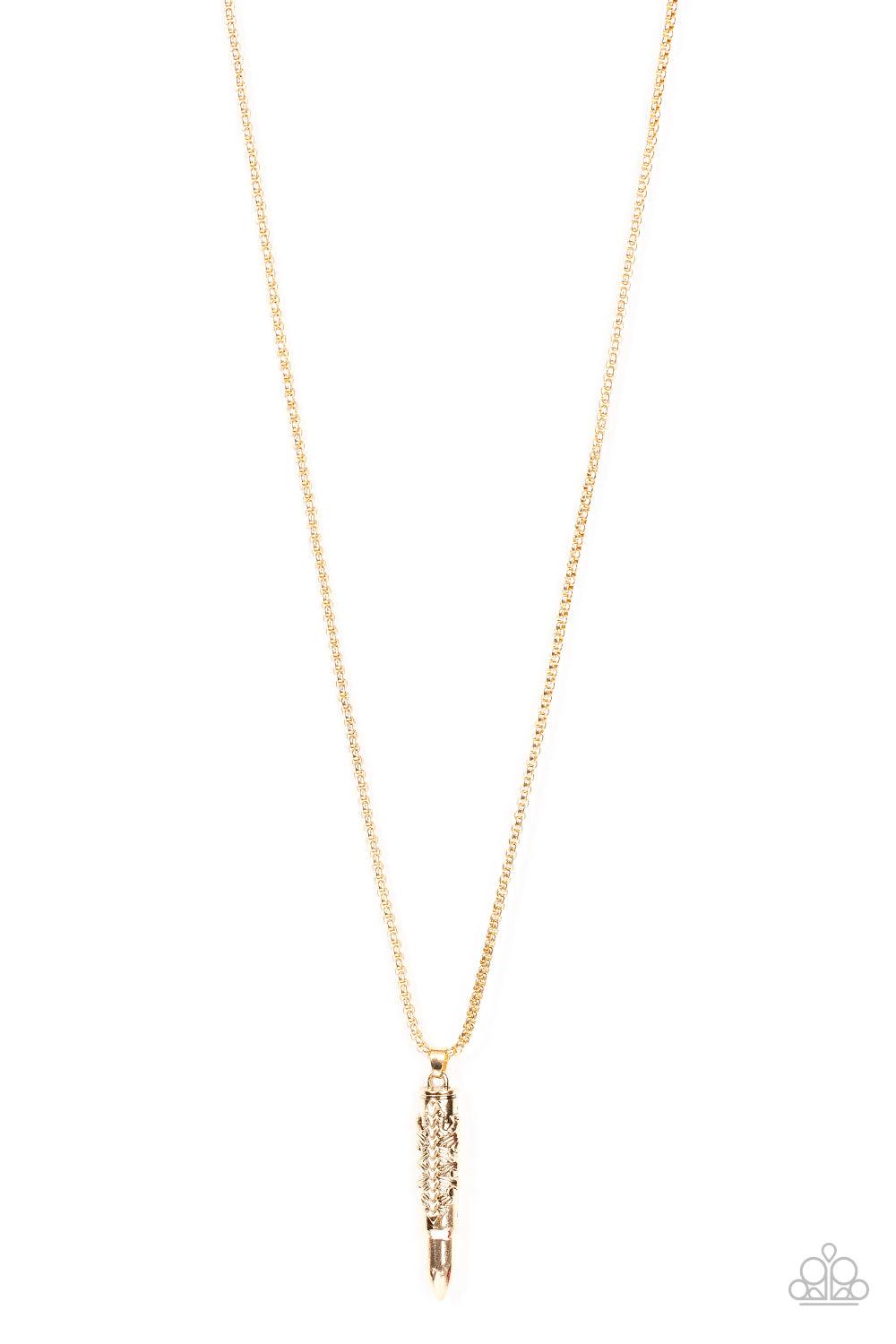 Paparazzi Accessories Mysterious Marksman - Gold Wrapped in a tribal inspired motif, a shiny gold bullet-like pendant swings from the bottom of a rounded strand of gold box chain for a rugged look. Features an adjustable clasp closure. Sold as one individ