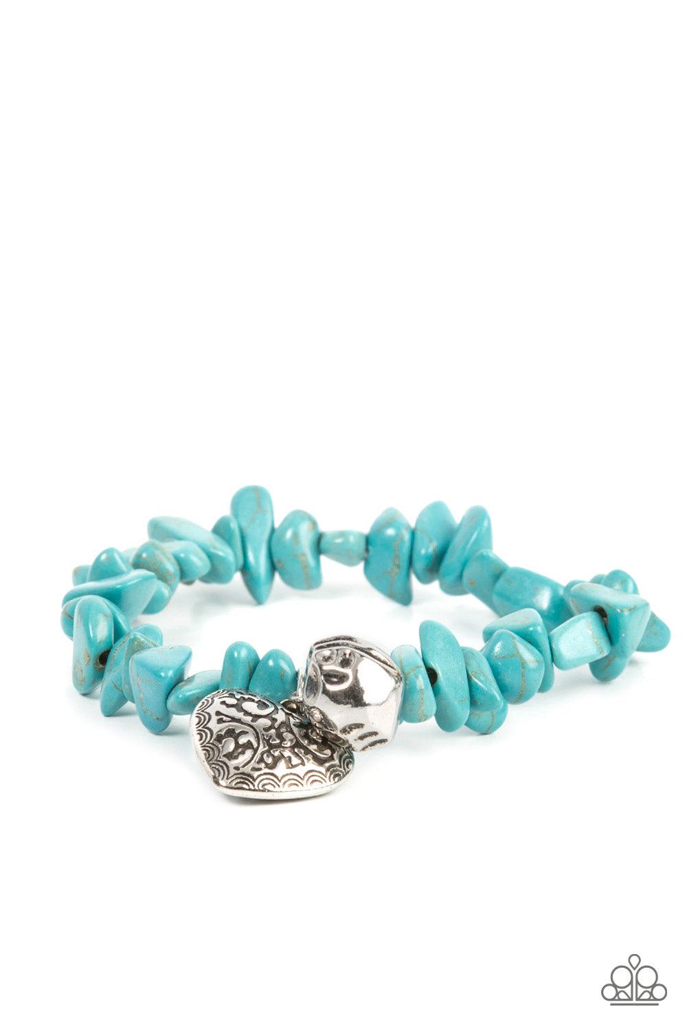 Paparazzi Accessories Love You to Pieces - Blue Infused with a hammered silver bead and a decorative silver heart charm, an earthy collection of turquoise pebbles are threaded along a stretchy band around the wrist for a whimsical fashion. Sold as one ind