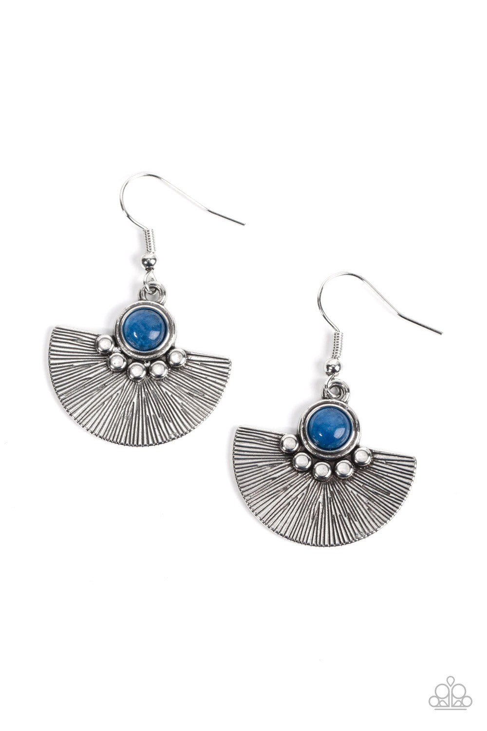 Paparazzi Accessories Manifesting Magic - Blue Cupped in a row of flat silver studs, a mystical blue bead adorns the top of a textured silver half-moon frame for an ethereal fashion. Earring attaches to a standard fishhook fitting. Sold as one pair of ear