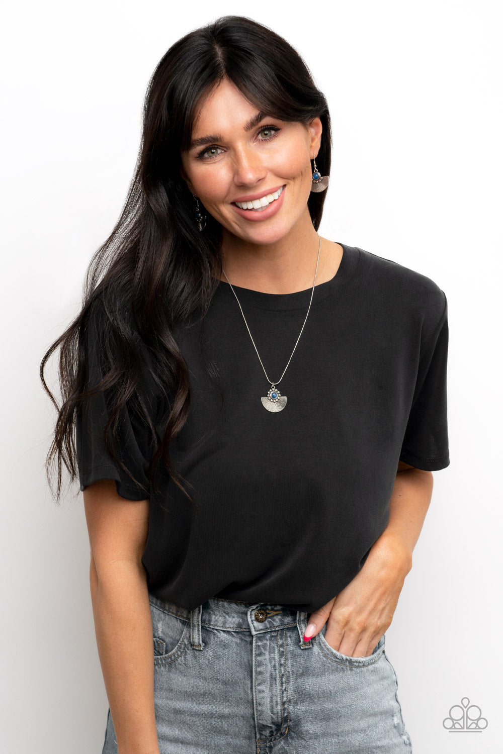 Paparazzi Accessories Manifesting Magic - Blue Cupped in a row of flat silver studs, a mystical blue bead adorns the top of a textured silver half-moon frame for an ethereal fashion. Earring attaches to a standard fishhook fitting. Sold as one pair of ear