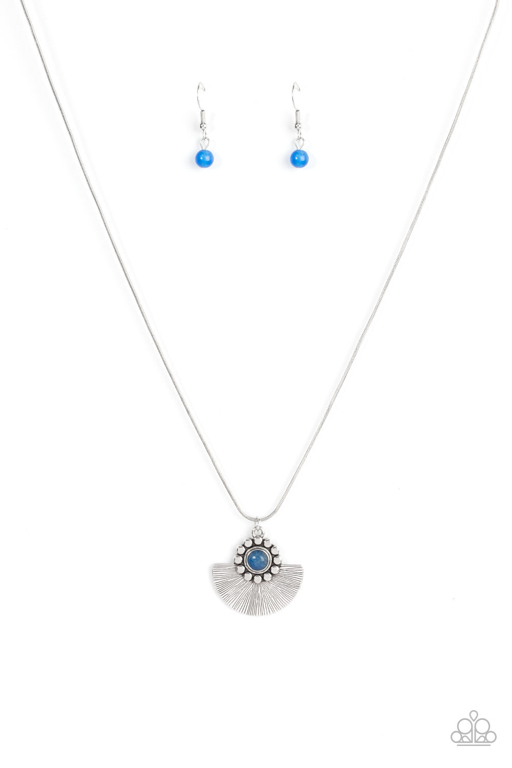 Paparazzi Accessories Magnificent Manifestation - Blue Bordered in a ring of flat silver studs, a mystical blue bead adorns the top of a textured silver half moon pendant that glides along a rounded silver snake chain for an ethereal fashion. Features an