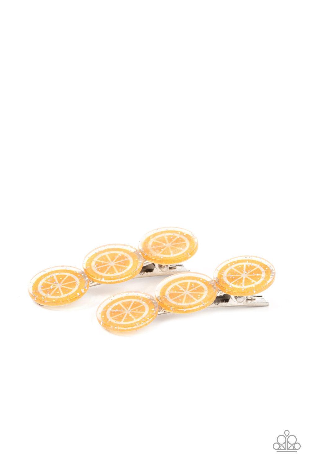 Paparazzi Accessories Charismatically Citrus - Orange Sprinkled in sparkle, a zesty trio of orange frames coalesce into a citrusy pair of hair clips. Features standard hair clips on the back. Sold as one individual hair clip. Hair Claws & Clips