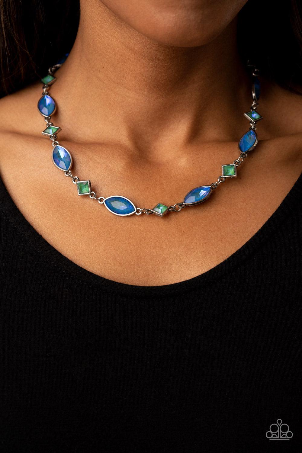 Paparazzi Accessories Prismatic Reinforcements - Multi Encased in sleek silver fittings, an opalescent collection of blue marquise and green square cut rhinestones delicately links below the collar for a prismatic pop of color. Features an adjustable clas