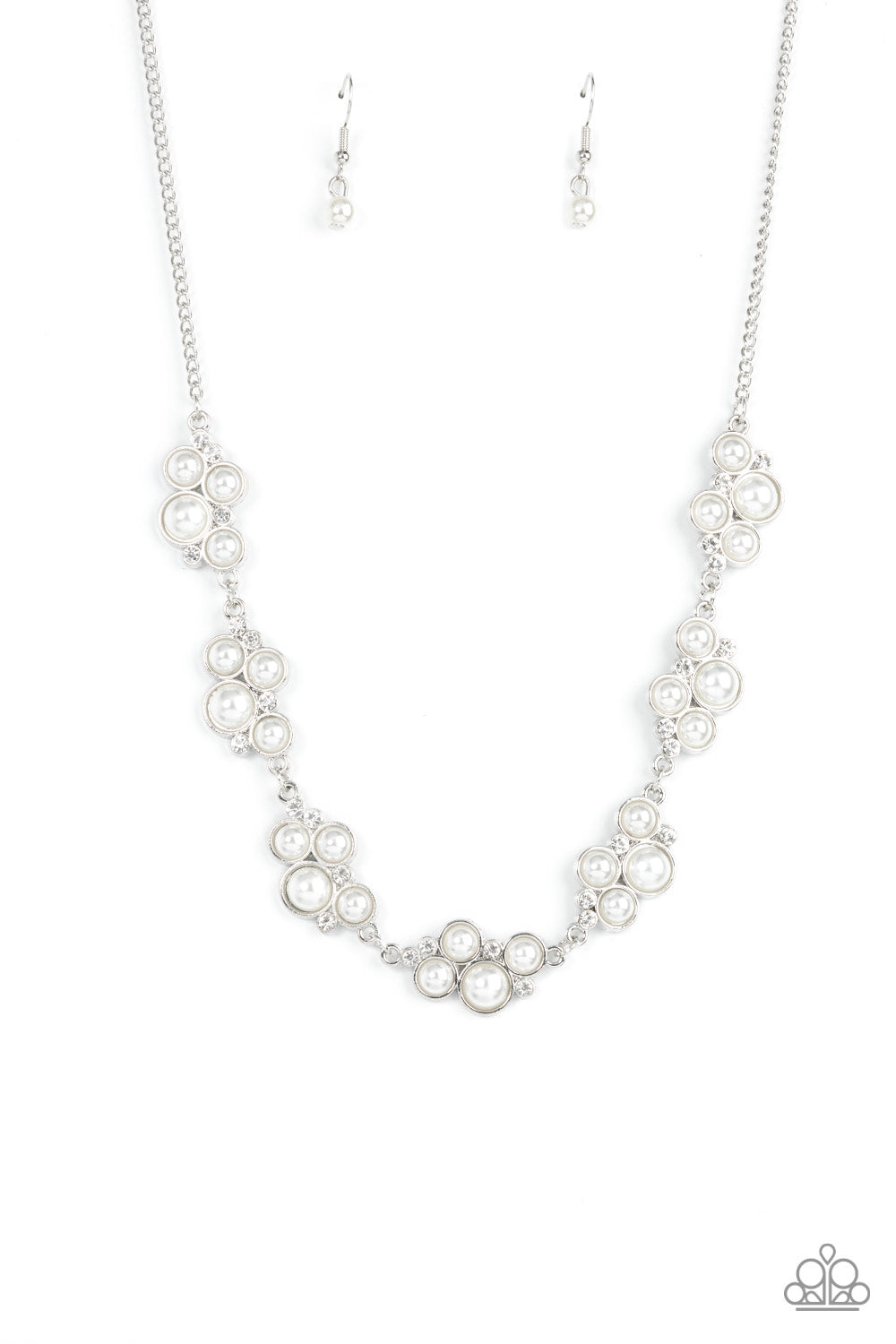 Paparazzi Accessories GRACE to the Top - White Bubbly clusters of dainty white rhinestones and white pearls delicately link below the collar, resulting in a timeless centerpiece. Features an adjustable clasp closure. Sold as one individual necklace. Inclu