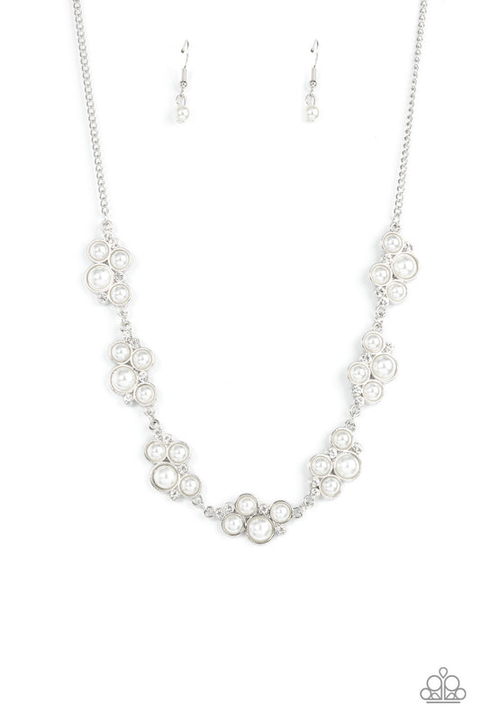 Paparazzi Accessories GRACE to the Top - White Bubbly clusters of dainty white rhinestones and white pearls delicately link below the collar, resulting in a timeless centerpiece. Features an adjustable clasp closure. Sold as one individual necklace. Inclu