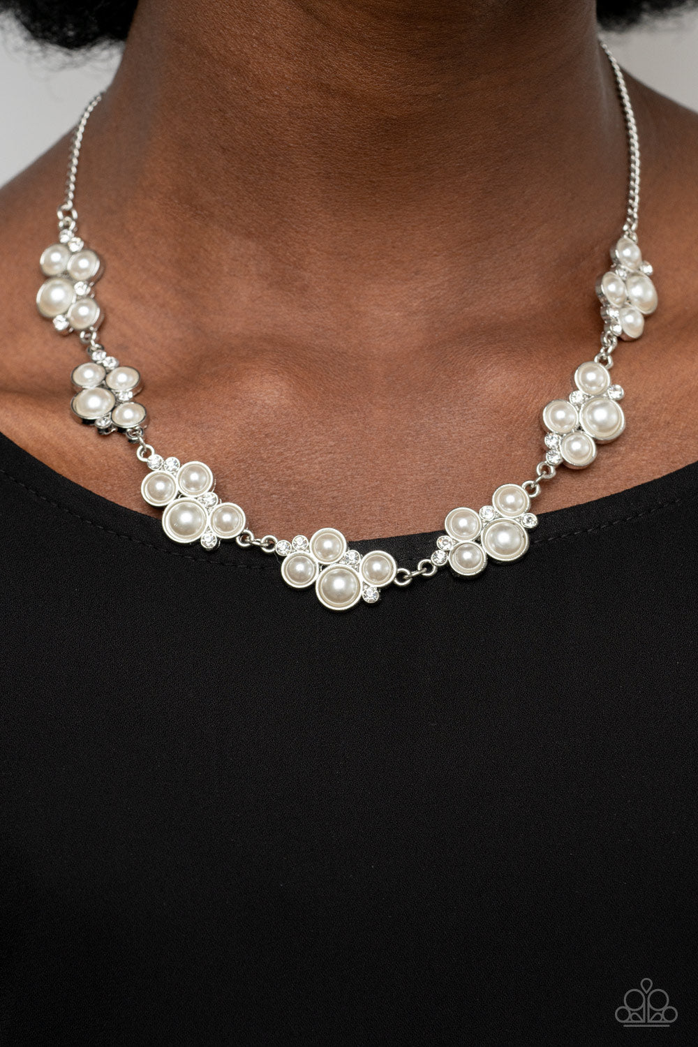 Paparazzi Accessories GRACE to the Top - White Bubbly clusters of dainty white rhinestones and white pearls delicately link below the collar, resulting in a timeless centerpiece. Features an adjustable clasp closure. Sold as one individual necklace. Inclu