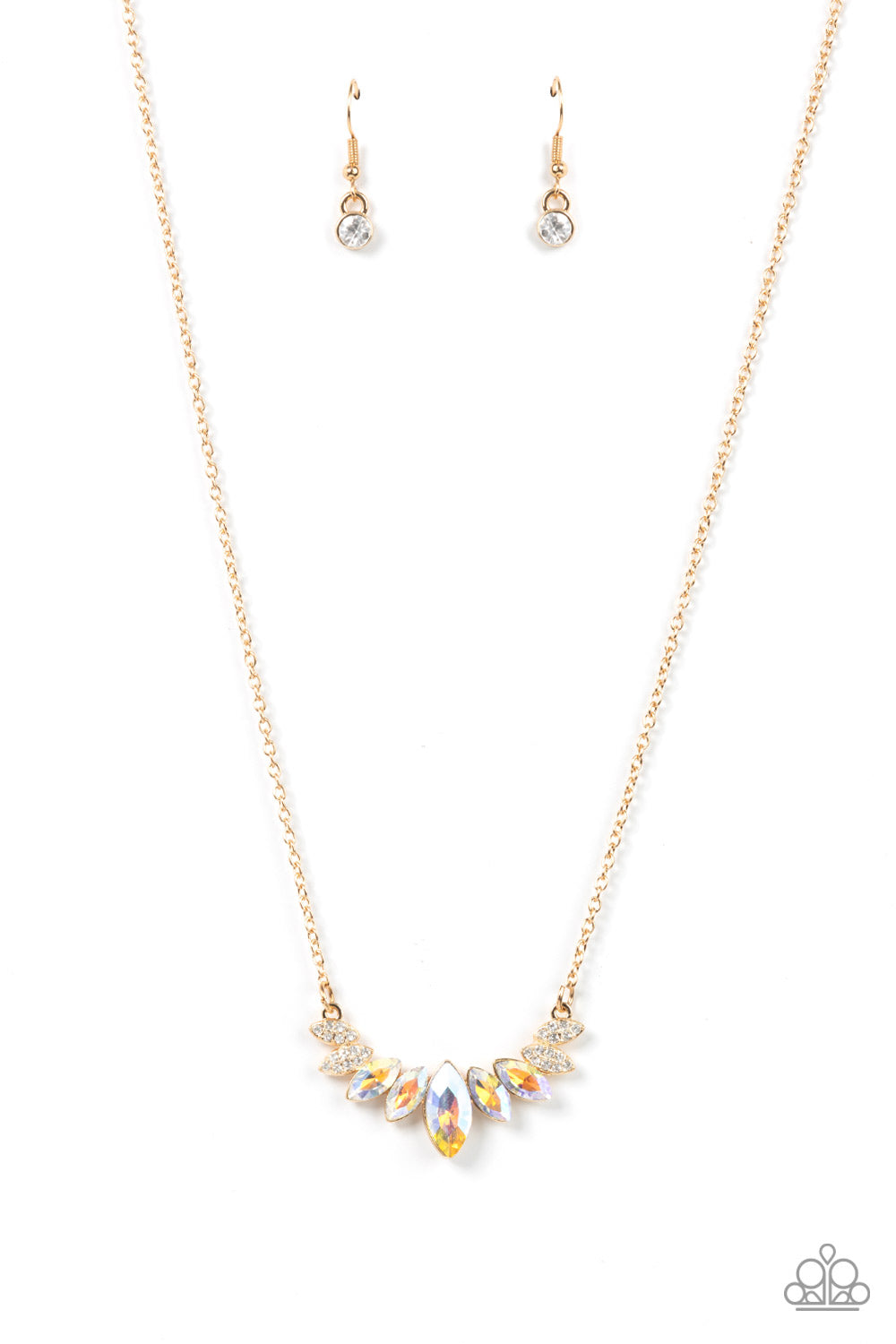 Paparazzi Accessories One Empire at a Time - Gold A fan of iridescent marquise cut rhinestones is flanked by pairs of white rhinestone encrusted gold frames at the bottom of a dainty gold chain, resulting in a regal centerpiece below the collar. Features