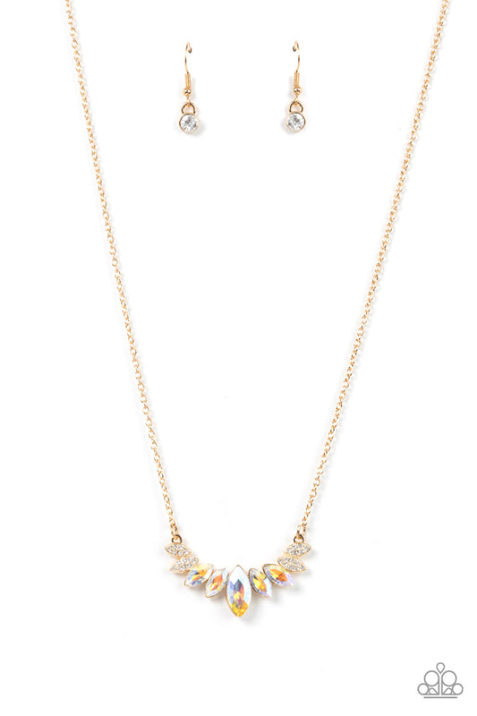 Paparazzi Accessories One Empire at a Time - Gold A fan of iridescent marquise cut rhinestones is flanked by pairs of white rhinestone encrusted gold frames at the bottom of a dainty gold chain, resulting in a regal centerpiece below the collar. Features