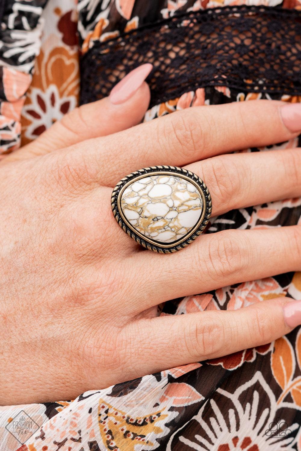 Paparazzi Accessories Take the High RODEO - Brass An earthy brown and white marbled stone is pressed into a rustic brass frame adorned with rope-like texture, creating a rustic centerpiece atop the finger. Features a stretchy band for a flexible fit. Sold