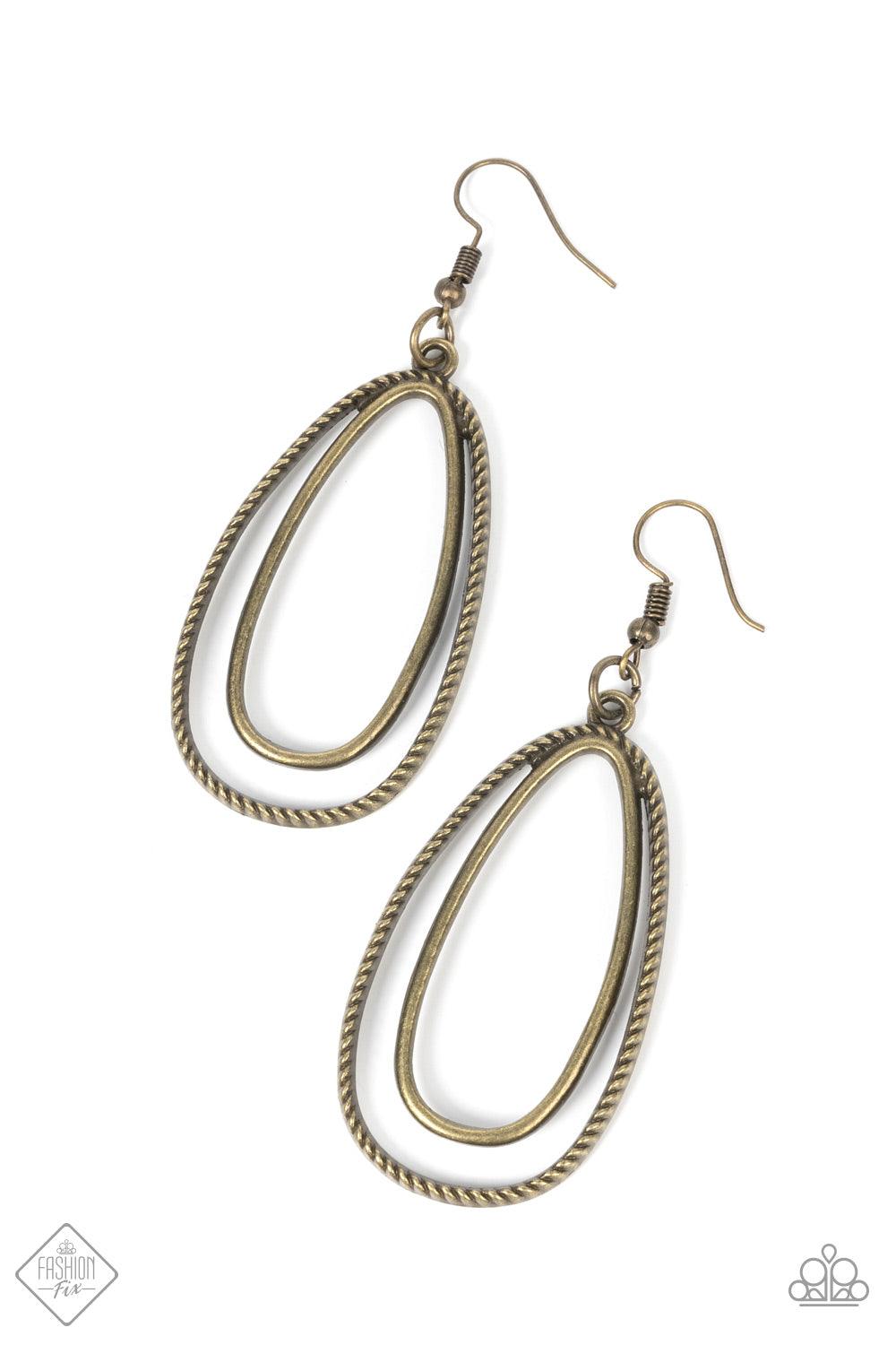 Paparazzi Accessories Lend Me Your Lasso - Brass Layered one inside the other, a smooth oval hoop brushed in antiqued brass texture is paired with a rustic frame wrapped in rope-like texture creating an airy, yet rustic design. Earring attaches to a stand