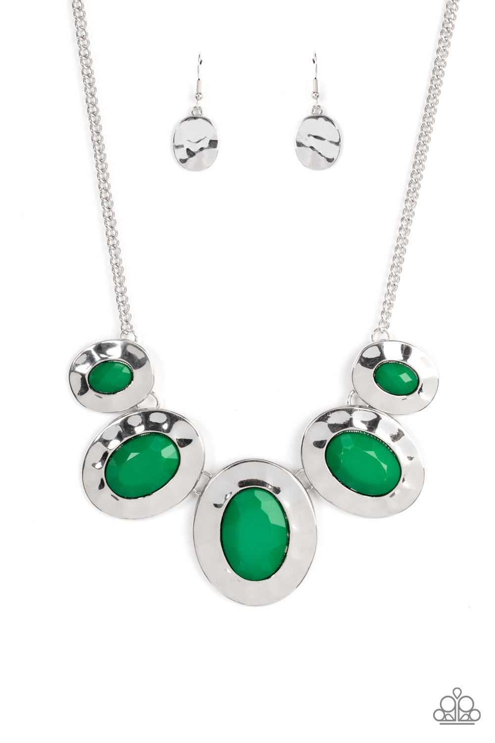 Paparazzi Accessories Rivera Rendezvous - Green Gradually increasing in size, hammered silver oval frames are dotted with opalescent Leprechaun beads as they delicately link below the collar for a refreshing pop of color. Features an adjustable clasp clos