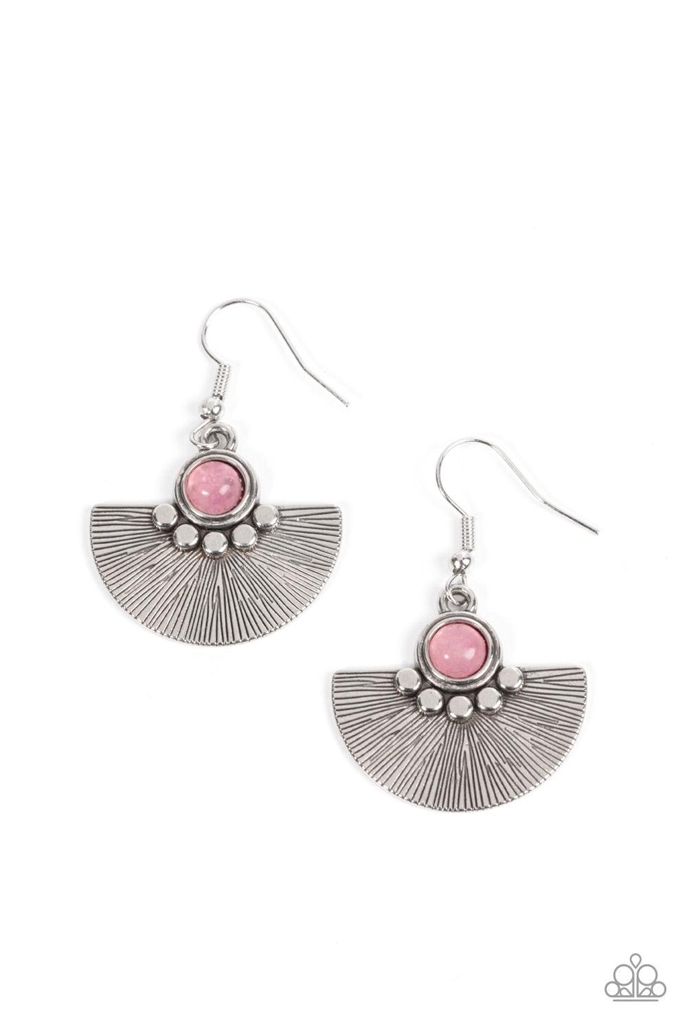 Paparazzi Accessories Manifesting Magic - Pink Cupped in a row of flat silver studs, a mystical pink bead adorns the top of a textured silver half moon frame for an ethereal fashion. Earring attaches to a standard fishhook fitting. Sold as one pair of ear