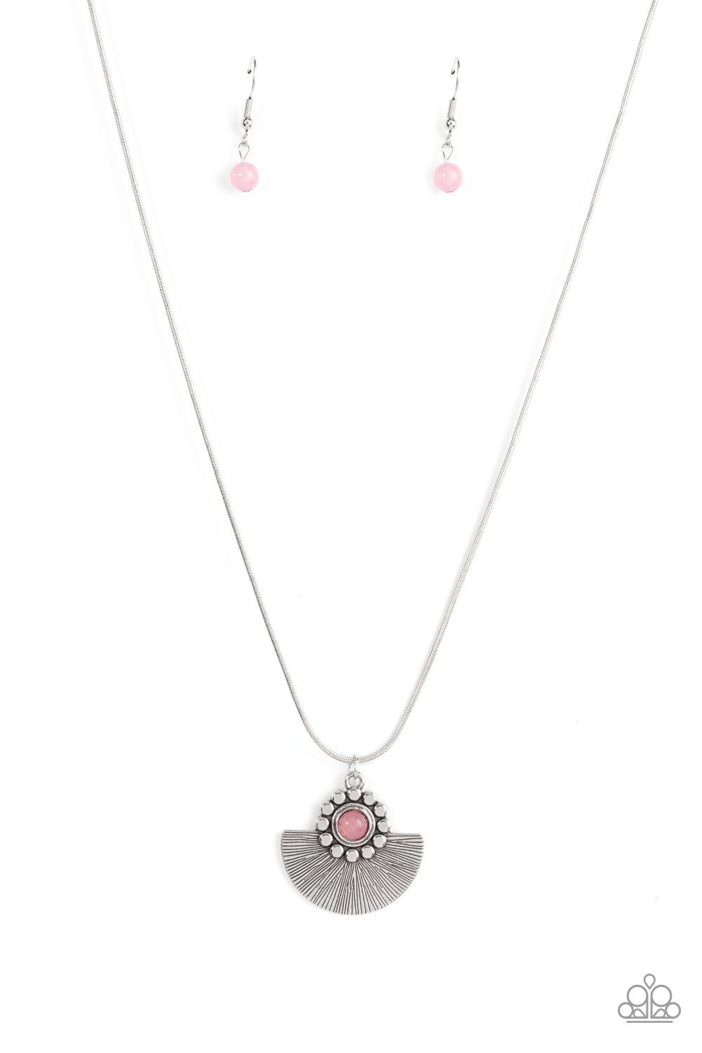 Paparazzi Accessories Magnificent Manifestation - Pink Bordered in a ring of flat silver studs, a mystical pink bead adorns the top of a textured silver half moon pendant that glides along a rounded silver snake chain for an ethereal fashion. Features an