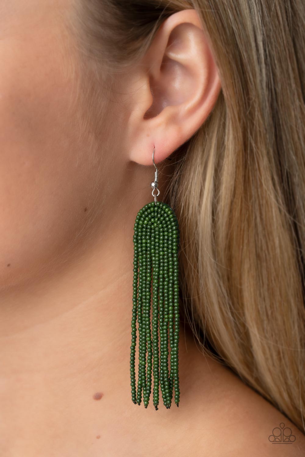 Paparazzi Accessories Right as RAINBOW - Green Strands of Olive Branch seed beads gently curve into the arch of a rainbow, resulting in a tasseled bohemian fashion. Earring attaches to a standard fishhook fitting. Sold as one pair of earrings. Jewelry