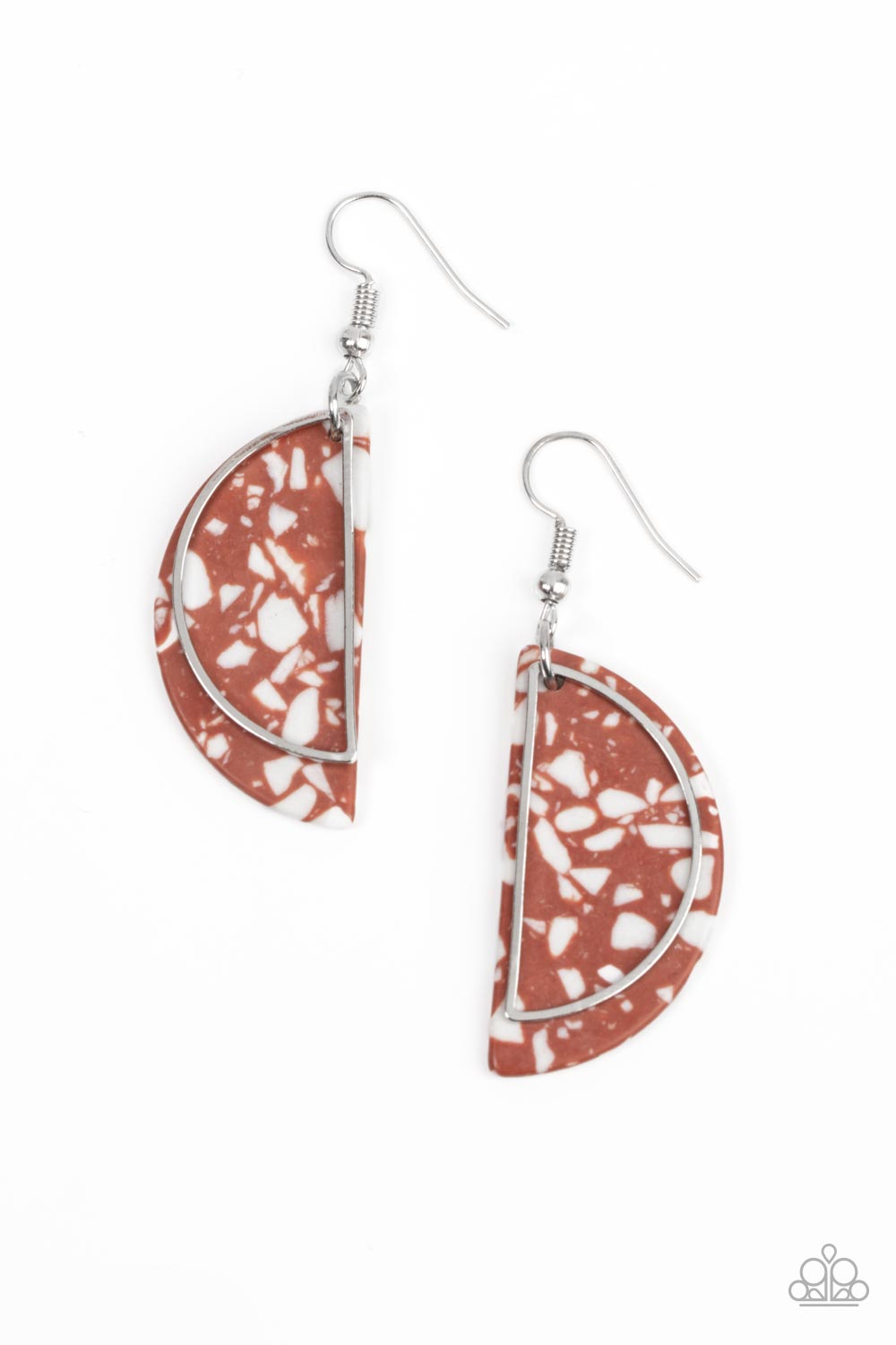 Paparazzi Accessories Flashdance Fashionista - Brown A faux Adobe stone semicircle disc, flecked with white accents, is outlined with a dainty silver half moon frame swaying in front for a flashy fad-inspired fashion. Earring attaches to a standard fishho