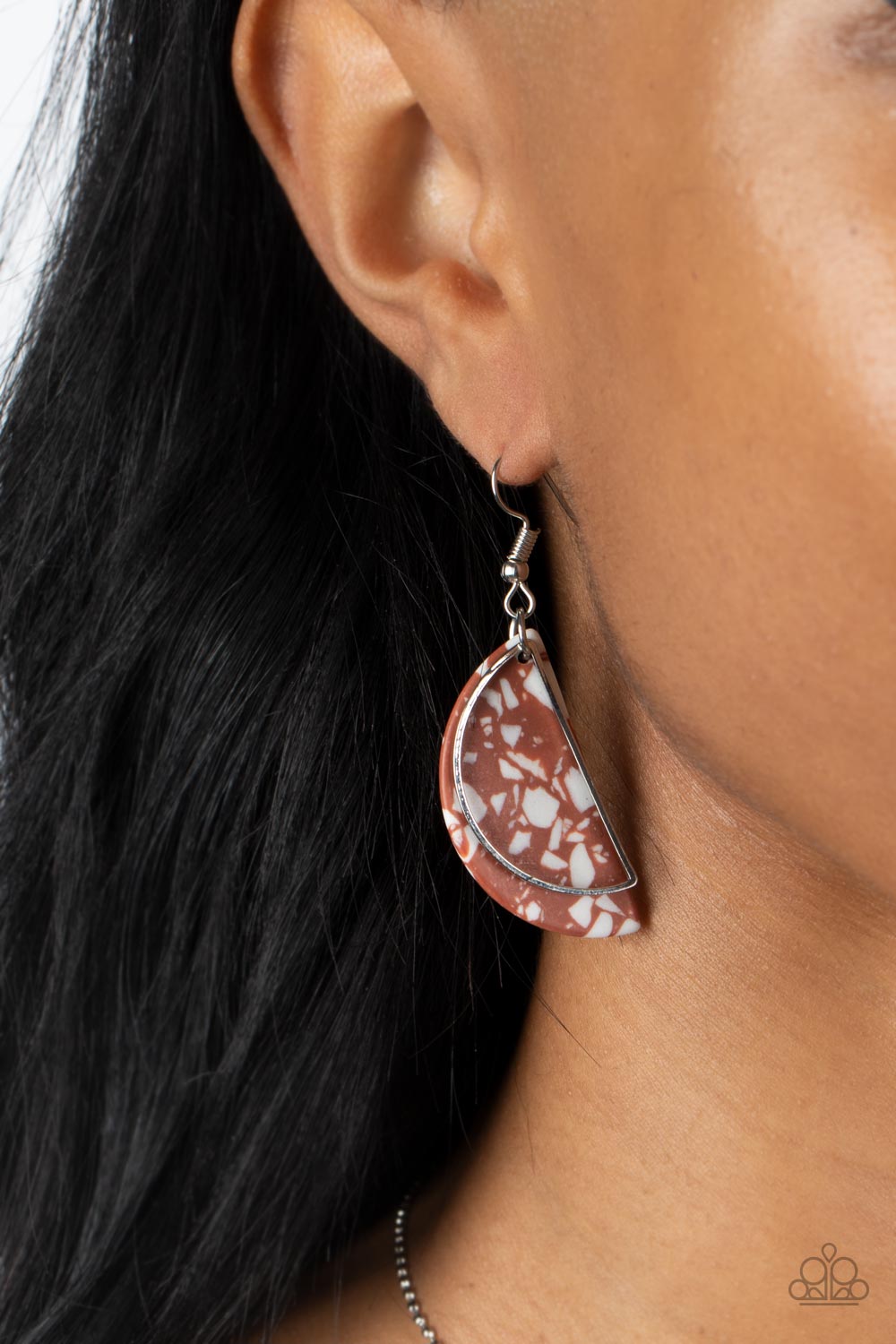 Paparazzi Accessories Flashdance Fashionista - Brown A faux Adobe stone semicircle disc, flecked with white accents, is outlined with a dainty silver half moon frame swaying in front for a flashy fad-inspired fashion. Earring attaches to a standard fishho
