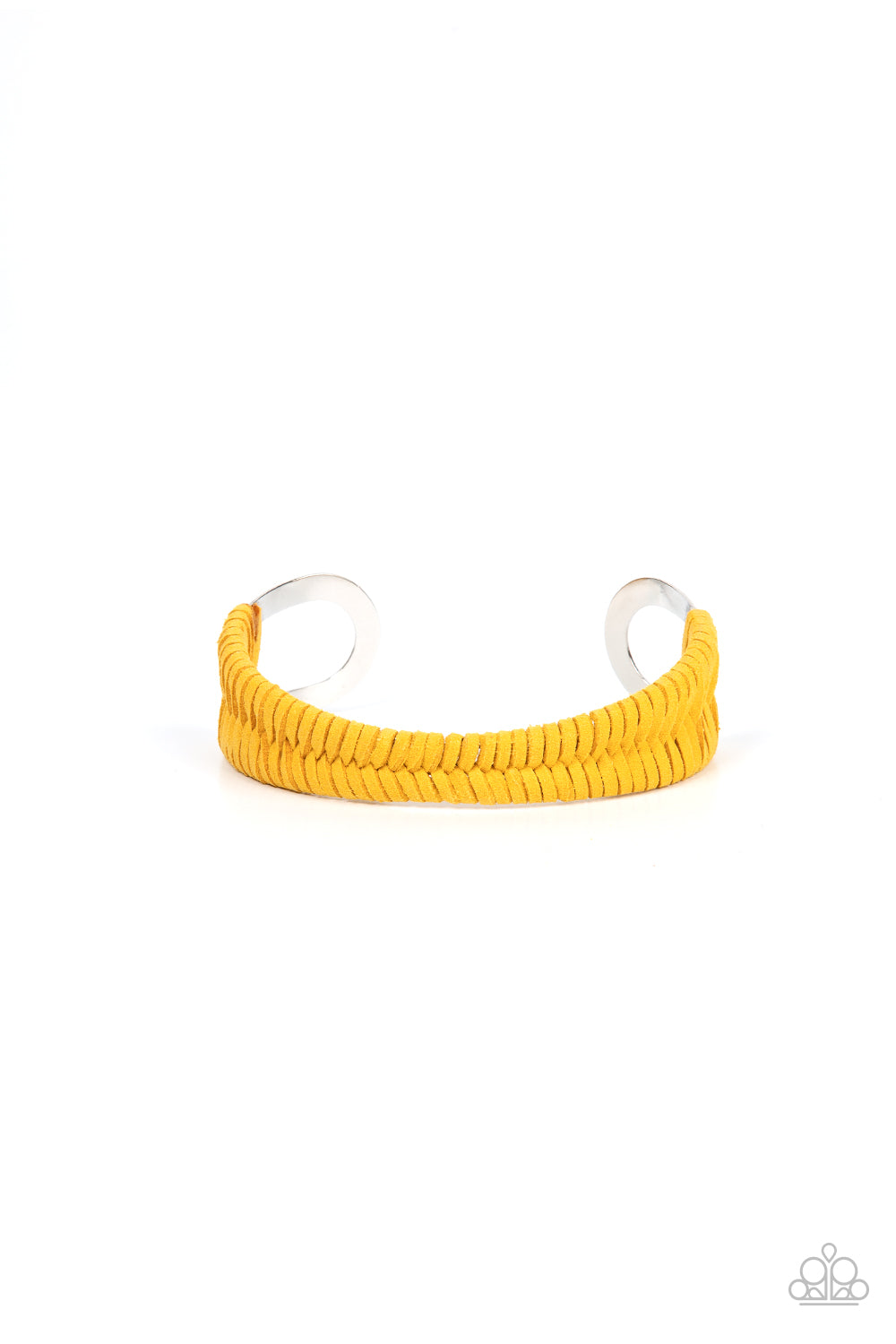 Paparazzi Accessories Desert Odyssey - Yellow Golden yellow suede laces intricately weave around an oversized silver cuff around the wrist, resulting in an earthy and versatile centerpiece. Sold as one individual bracelet. Jewelry