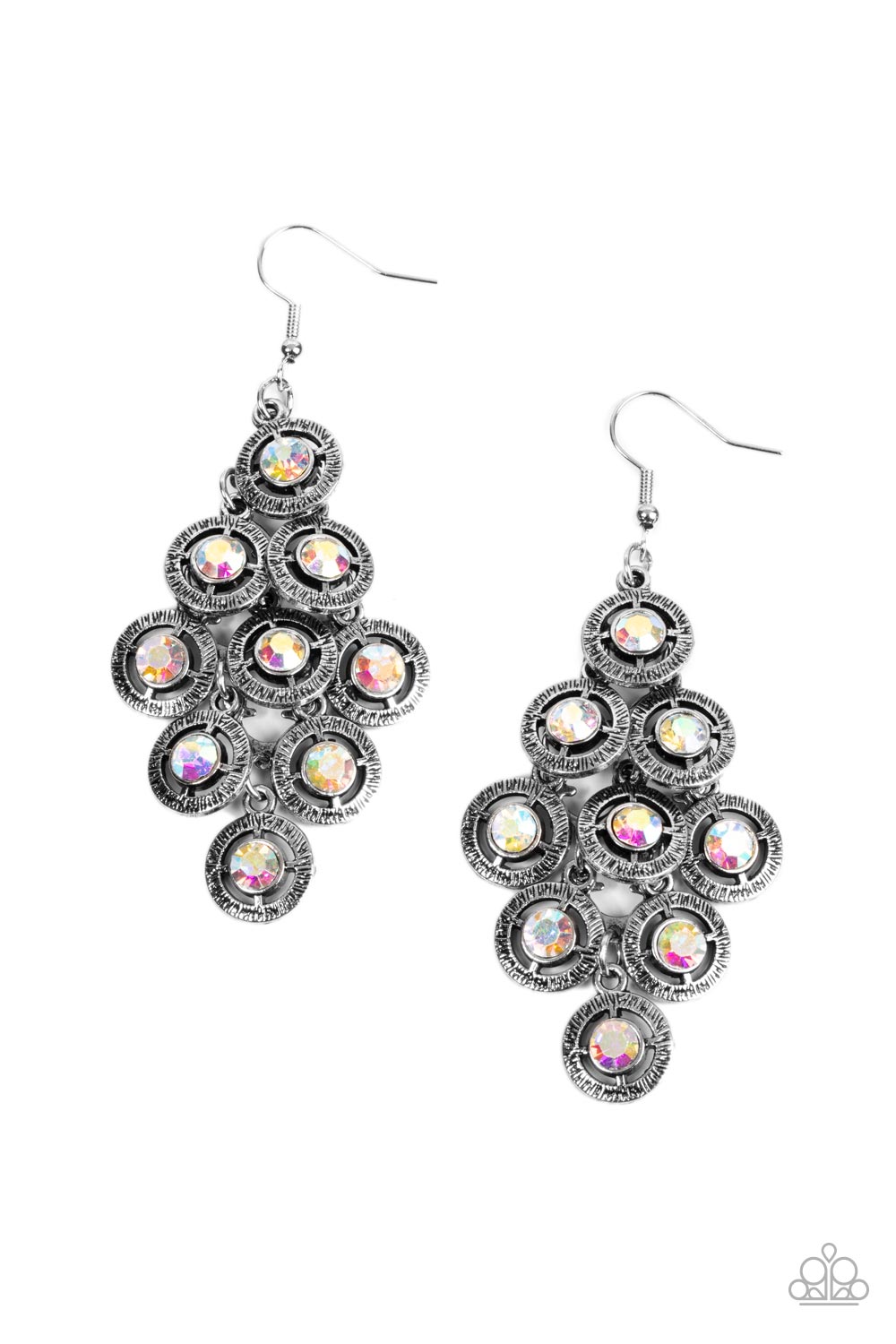 Paparazzi Accessories Constellation Cruise - Multi Dotted with iridescent rhinestone centers, tiers of textured silver frames cascade from a metallic backdrop for a stellar tasseled look. Earring attaches to a standard fishhook fitting. Sold as one pair o