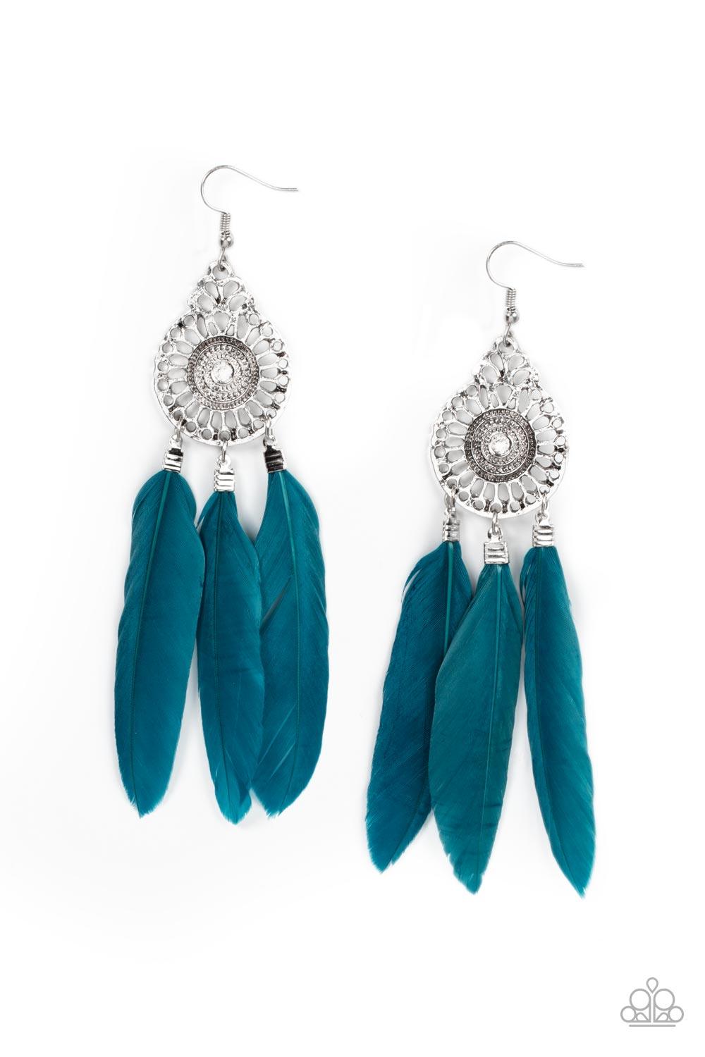 Paparazzi Accessories Pretty in PLUMES - Blue Three Mykonos Blue feathers swing from the bottom of a dizzying silver frame featuring airy filigree detail, resulting in a flirtatiously colorful fringe. Earring attaches to a standard fishhook fitting. Sold
