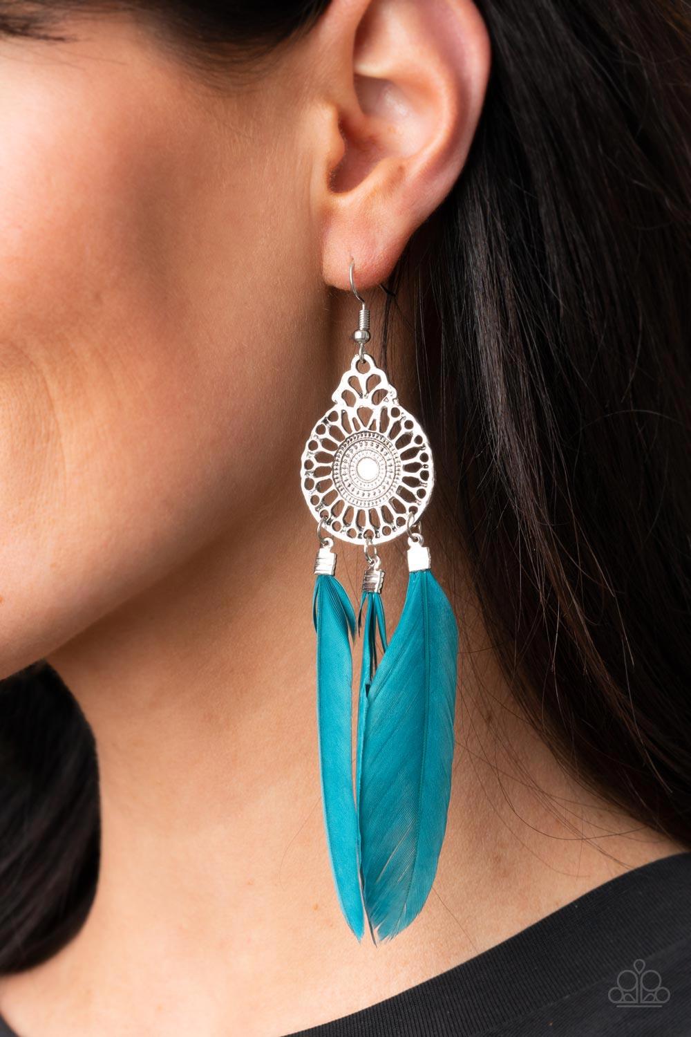 Paparazzi Accessories Pretty in PLUMES - Blue Three Mykonos Blue feathers swing from the bottom of a dizzying silver frame featuring airy filigree detail, resulting in a flirtatiously colorful fringe. Earring attaches to a standard fishhook fitting. Sold