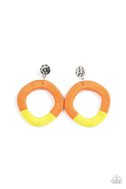 Paparazzi Accessories Thats a WRAPAROUND - Multi A hammered silver disc gives way to a wooden frame decoratively wrapped in shiny orange and yellow threaded accents, creating a colorful lure. Earring attaches to a standard post fitting. Sold as one pair o