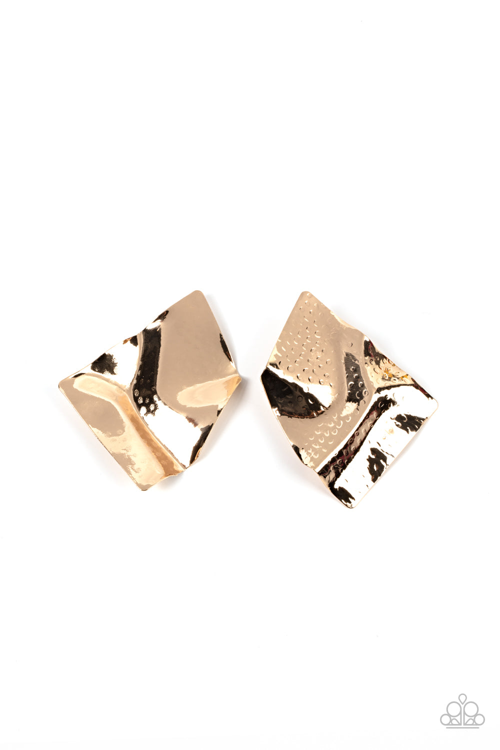 Paparazzi Accessories Modern Maverick - Gold An oversized gold plate is meticulously hammered in a geometric pattern as it ripples from the ear, resulting in a statement-making shimmer. Earring attaches to a standard post fitting. Sold as one pair of post