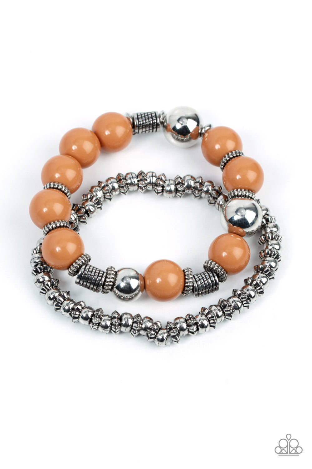 Paparazzi Accessories Walk This SWAY - Brown Infused with a dainty strand of ornate silver accents, an oversized collection of brown beads, silver beads, and textured silver accents are threaded along stretchy bands around the wrist for a hearty pop of co
