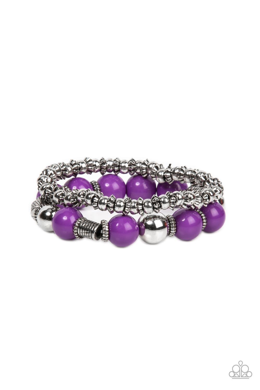 Paparazzi Accessories Walk This SWAY - Purple Infused with a dainty strand of ornate silver accents, an oversized collection of purple beads, silver beads, and textured silver accents are threaded along stretchy bands around the wrist for a vivacious pop