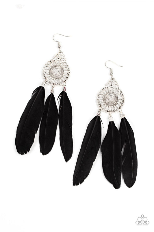Paparazzi Accessories Pretty in PLUMES - Black Three black feathers swing from the bottom of a dizzying silver frame featuring airy filigree detail, resulting in a flirtatiously colorful fringe. Earring attaches to a standard fishhook fitting. Sold as one