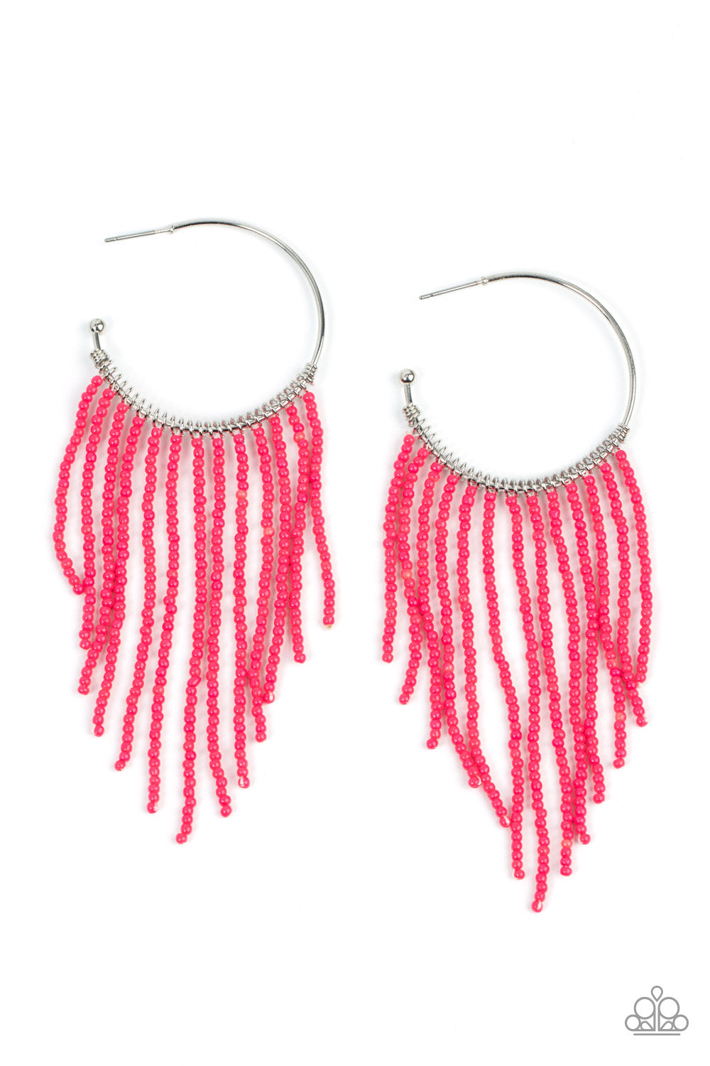 Paparazzi Accessories Saguaro Breeze - Pink Strands of dainty pink seed beads stream out from the bottom of a classic silver hoop, resulting in a flirtatiously tasseled look. Earring attaches to a standard post fitting. Hoop measures approximately 1 1/2"