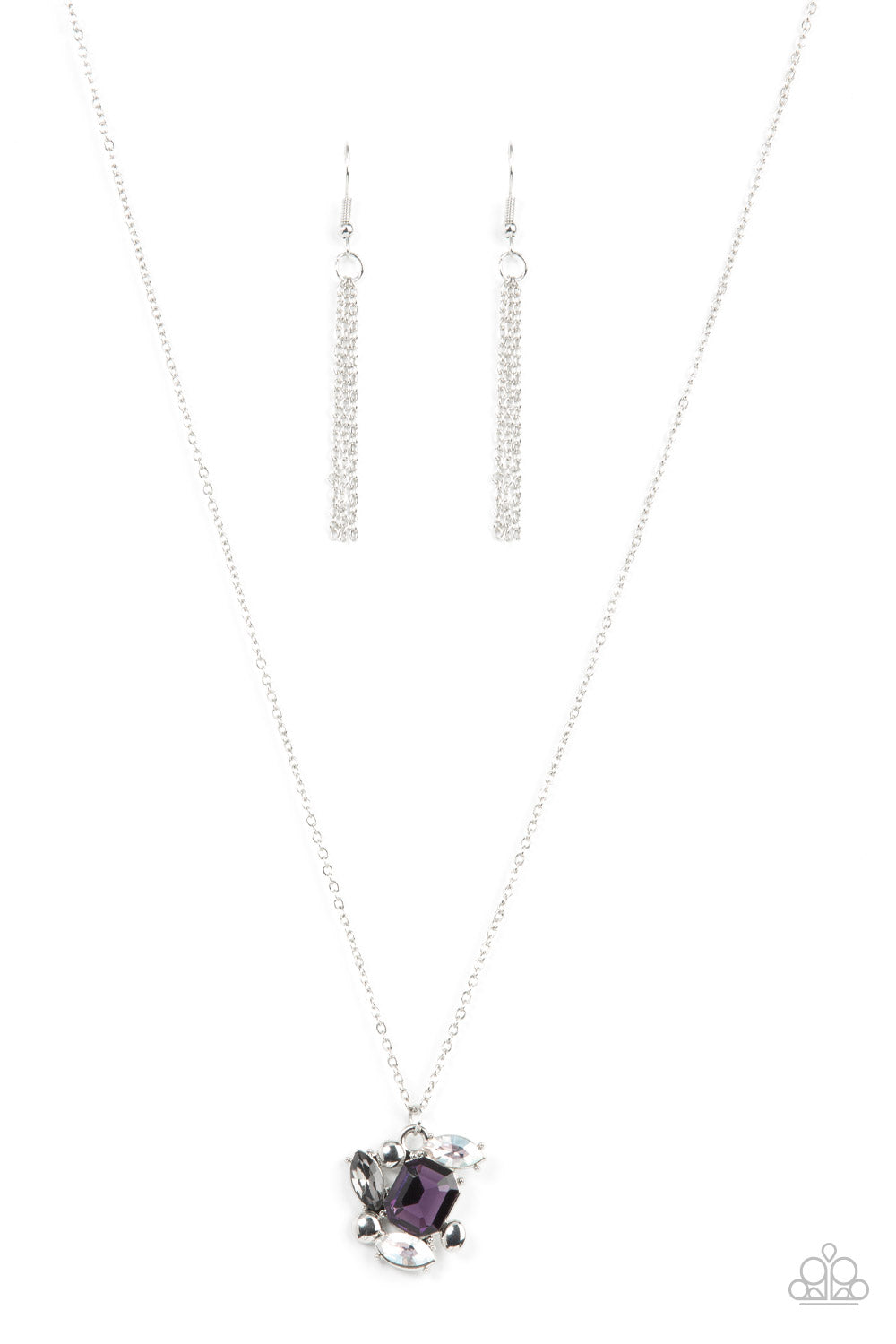 Paparazzi Accessories Prismatic Projection - Purple A glitzy collection of dainty silver studs, an emerald cut purple gem, and smoky and white marquise cut rhinestones delicately coalesce into a clustered pendant, resulting in a timeless sparkle below the