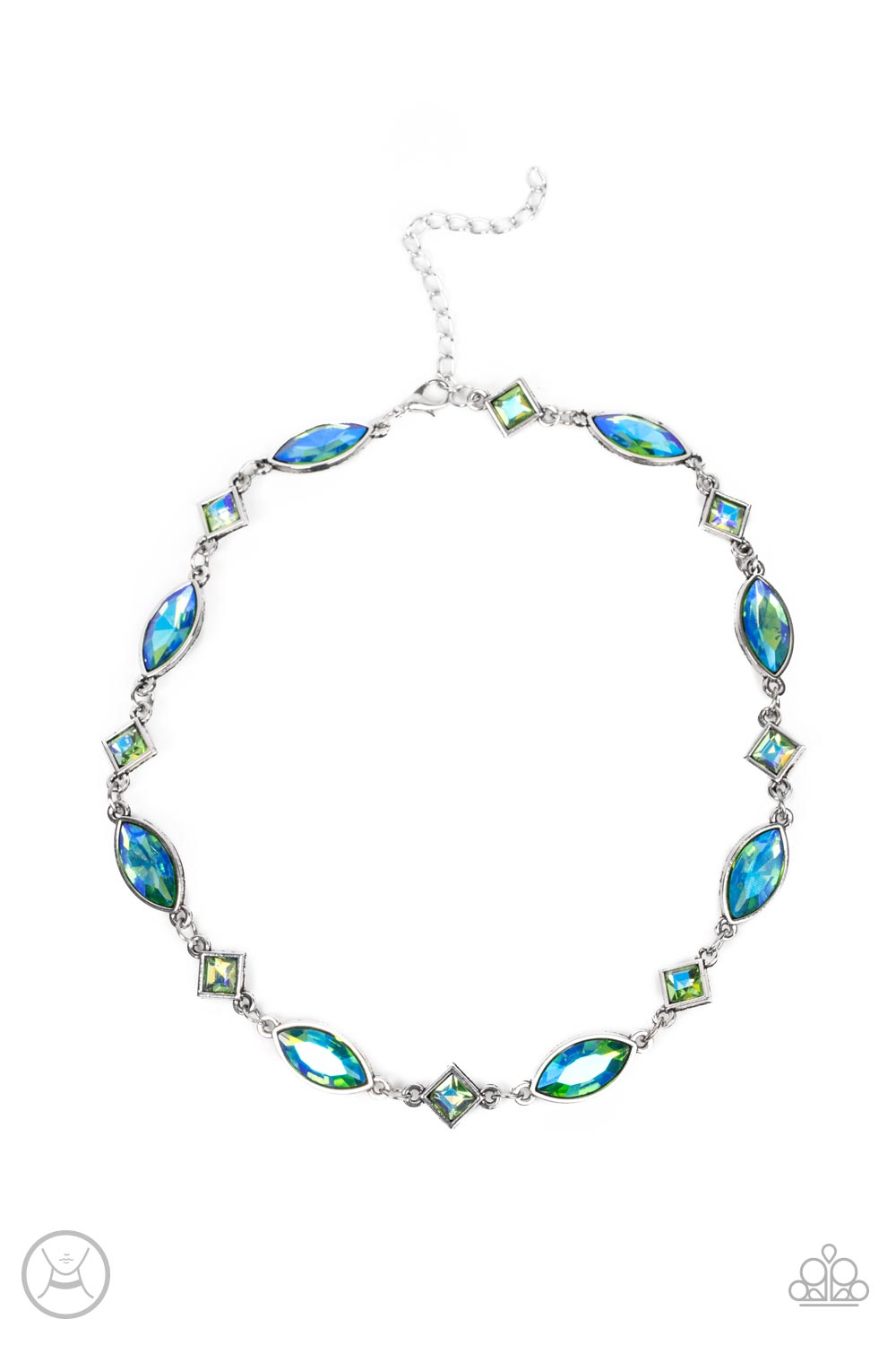 Paparazzi Accessories Prismatic Reinforcements - Green Encased in sleek silver fittings, an iridescent collection of green marquise and square cut rhinestones delicately links below the collar for a prismatic pop of color. Features an adjustable clasp clo