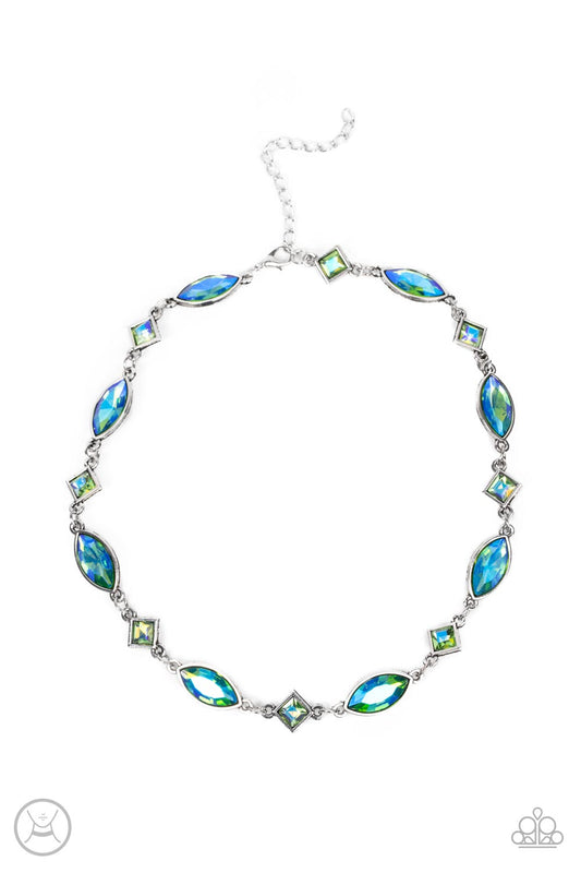 Paparazzi Accessories Prismatic Reinforcements - Green Encased in sleek silver fittings, an iridescent collection of green marquise and square cut rhinestones delicately links below the collar for a prismatic pop of color. Features an adjustable clasp clo