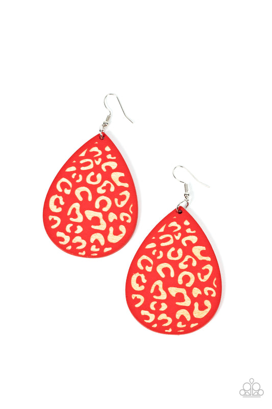 Paparazzi Accessories Suburban Jungle - Red A red wooden teardrop frame is etched in a cheetah-like pattern, creating a wildly fabulous fashion. Earring attaches to a standard fishhook fitting. Sold as one pair of earrings. Jewelry