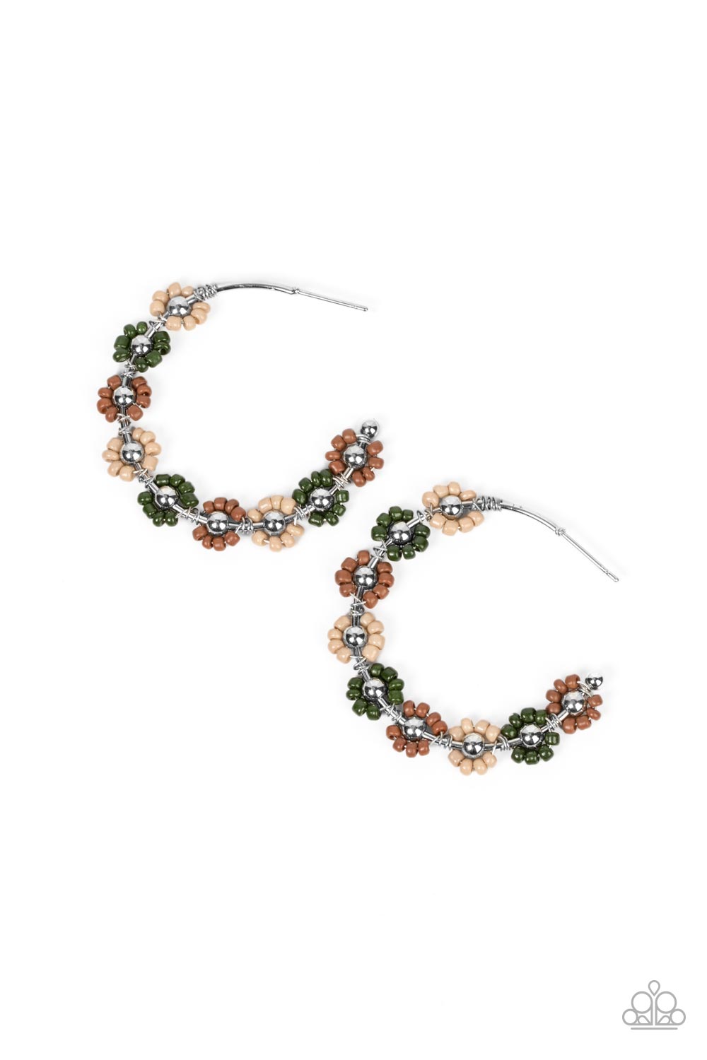 Paparazzi Accessories Growth Spurt - Green Adorned with shiny silver beaded centers, a dainty collection of taupe, brown, and Olive Branch seed beaded rings create earthy flower accents along a classic silver hoop for a grounding floral display. Earring a