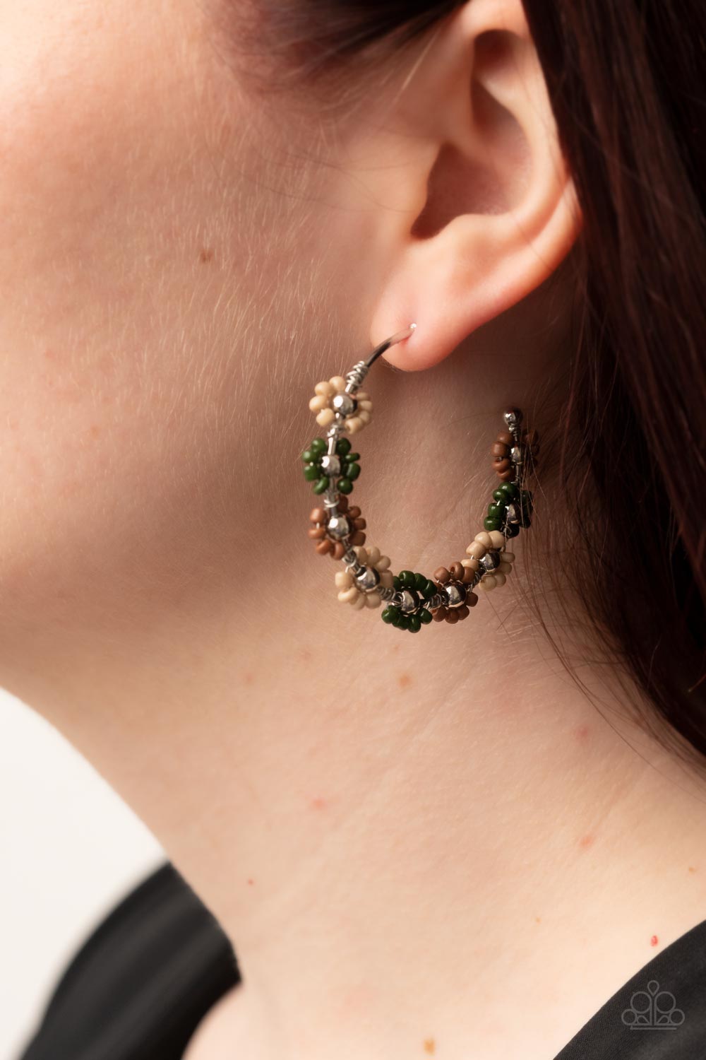 Paparazzi Accessories Growth Spurt - Green Adorned with shiny silver beaded centers, a dainty collection of taupe, brown, and Olive Branch seed beaded rings create earthy flower accents along a classic silver hoop for a grounding floral display. Earring a