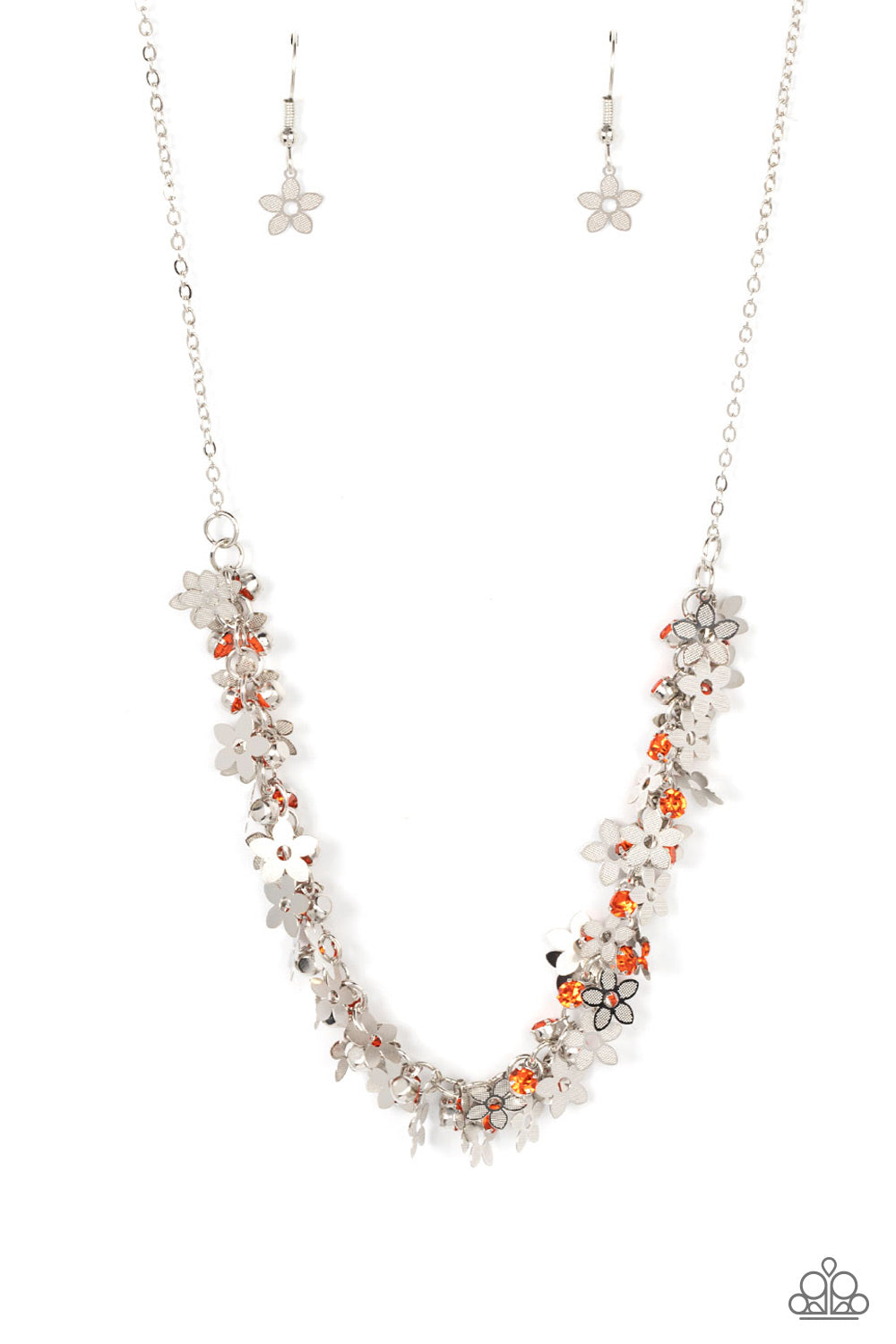 Paparazzi Accessories Fearlessly Floral - Orange Featuring textured petals, a dainty collection of silver flower frames and glassy orange rhinestones delicately cluster along the bottom of a silver chain for a flirtatious floral look below the collar. Fea